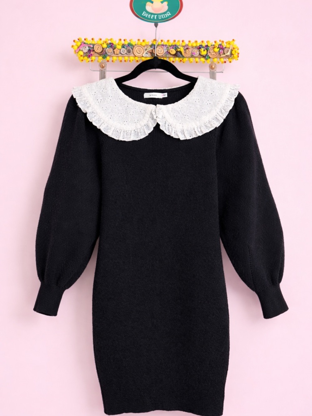 Lush Black Knit Dress with White Lace Peter Pan Collar